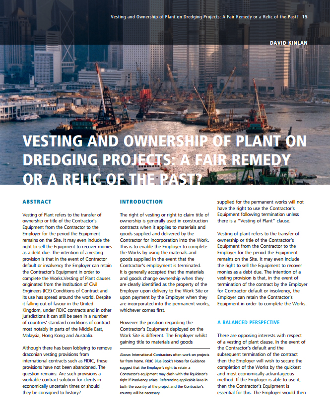 Vesting and Ownership of Plant on Dredging Projects: A Fair Remedy or a Relic of the Past?