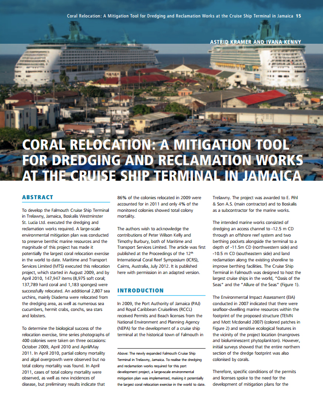 Coral Relocation: A Mitigation Tool for Dredging and Reclamation Works at the Cruise Ship Terminal in Jamaica