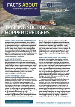 “Facts About Trailing Suction Hopper Dredgers” describes self-propelled hydraulic dredgers with drag heads that suction up loose materials like sand.